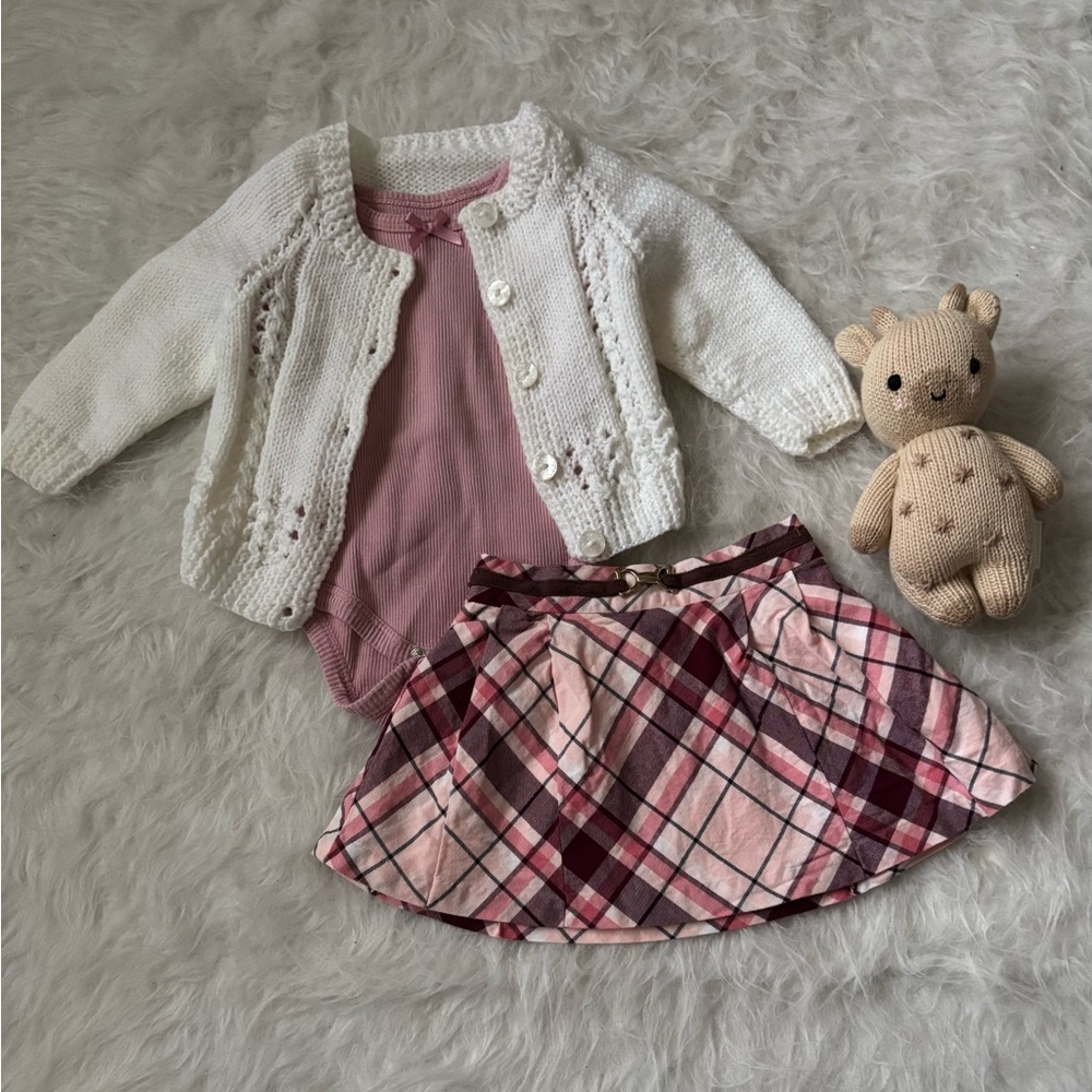 Janie and Jack Pink Plaid Skirt Hand Knit Sweater Outfit